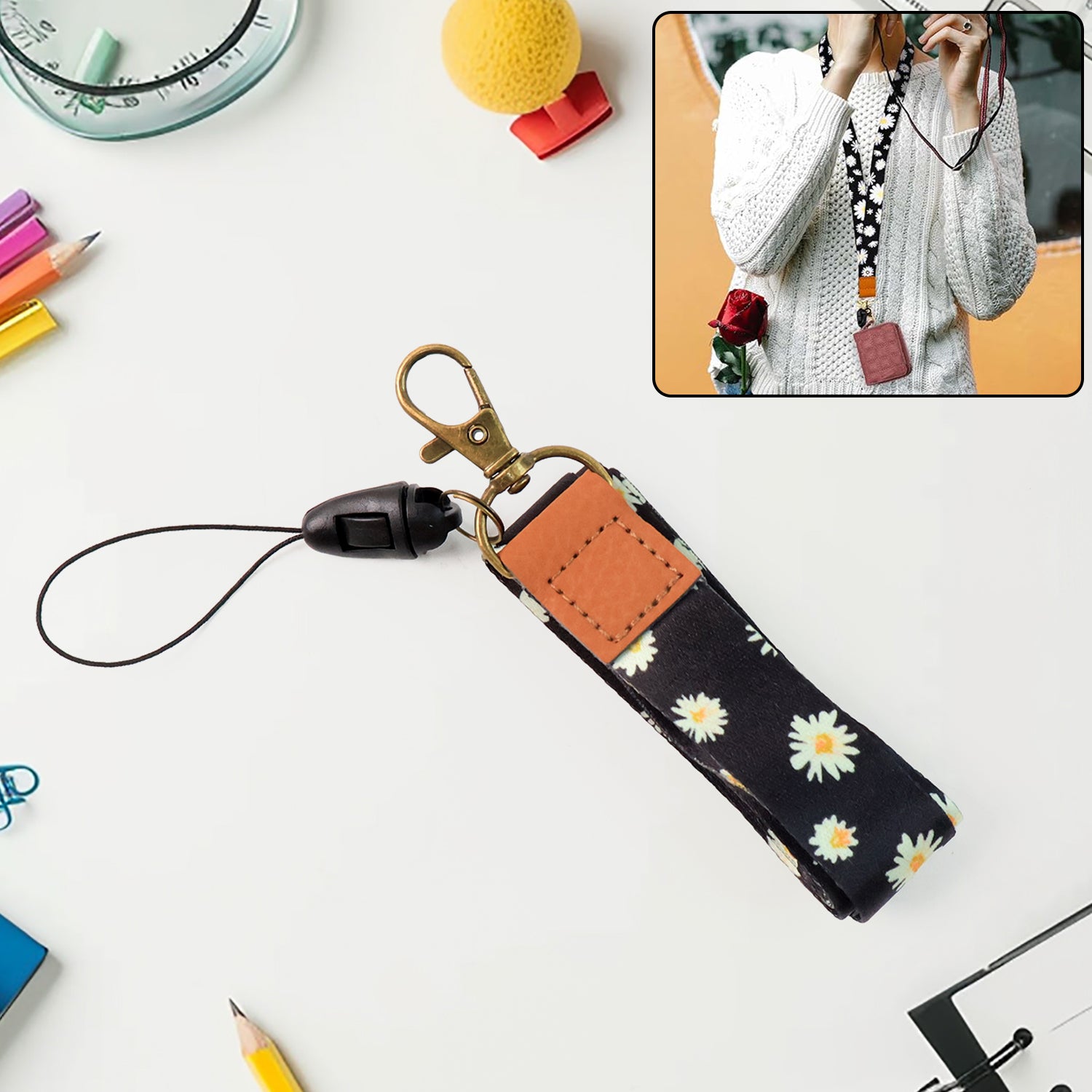 Floral Print Neck Lanyard Strap With Clip Hook  Mobile String (1 Pc) Floral Print Neck Lanyard Strap With Clip Hook  Mobile String (1 Pc)